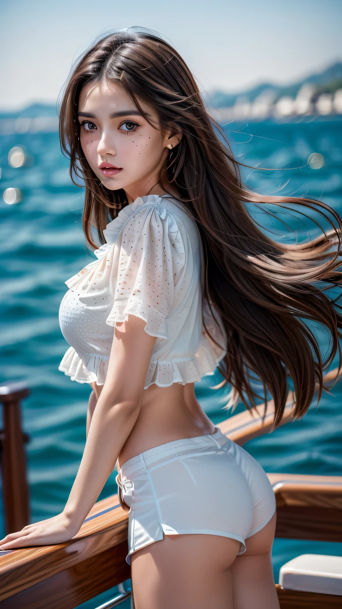 ((ultra high resolution)), ((photorealistic Realism 16K Quality)), (( standing on the deck of a yacht)), ((very slim and tall girl)), porn star body, beautiful slutty face, small nose, ((big round breasts)), ((she wears a white boho blouse and shorts)), (Ray tracing), (Cinema lighting), (Sharp Focus), ((Natural, realistic skin texture)), (She has a dark freckles on her face and torso), natural and realistic skin textures, whole body, long light hair, ((Outside perspective)), ((ass in the spotlight)), (Hyper absurd details of realistic perfectly round brown_eyes: 1.3), (the most absurd quality perfect eyes), ((natural super beautiful cute sharp-face)),