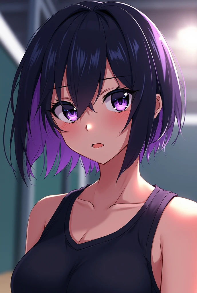 Oc Haikyuu woman, short black with purple hair, black eyes and mole under left eye