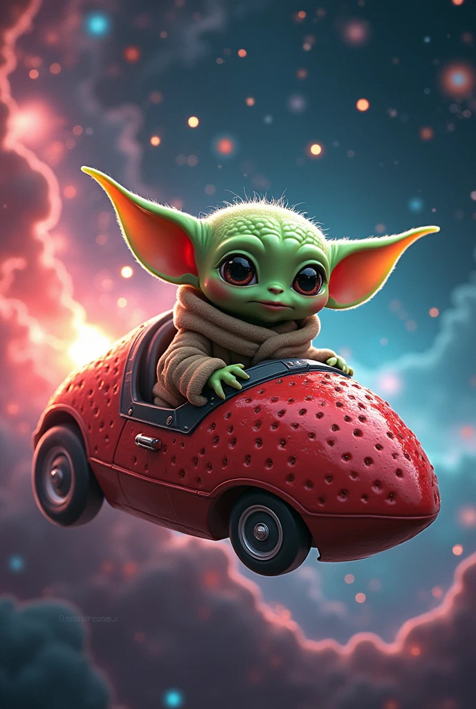 Grogu in a strawberry space car trying to use his strength 