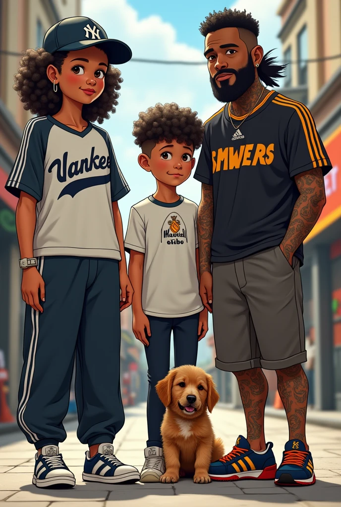 Tall girl Yankees cap curly hair long sport shirt chubby tight pants Adidas shoes, next to a girl with curly hair and white skin wearing a white Madrid shirt next to a boy with a one-piece shirt , next to rocker man with black skin tattooed hacker cholo, next to brown dog