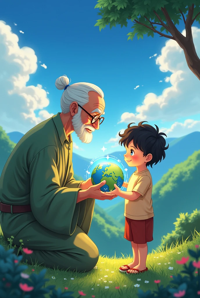 Image of grandfather giving the planet to a child in anime style with a natural and more animated background, not so realistic