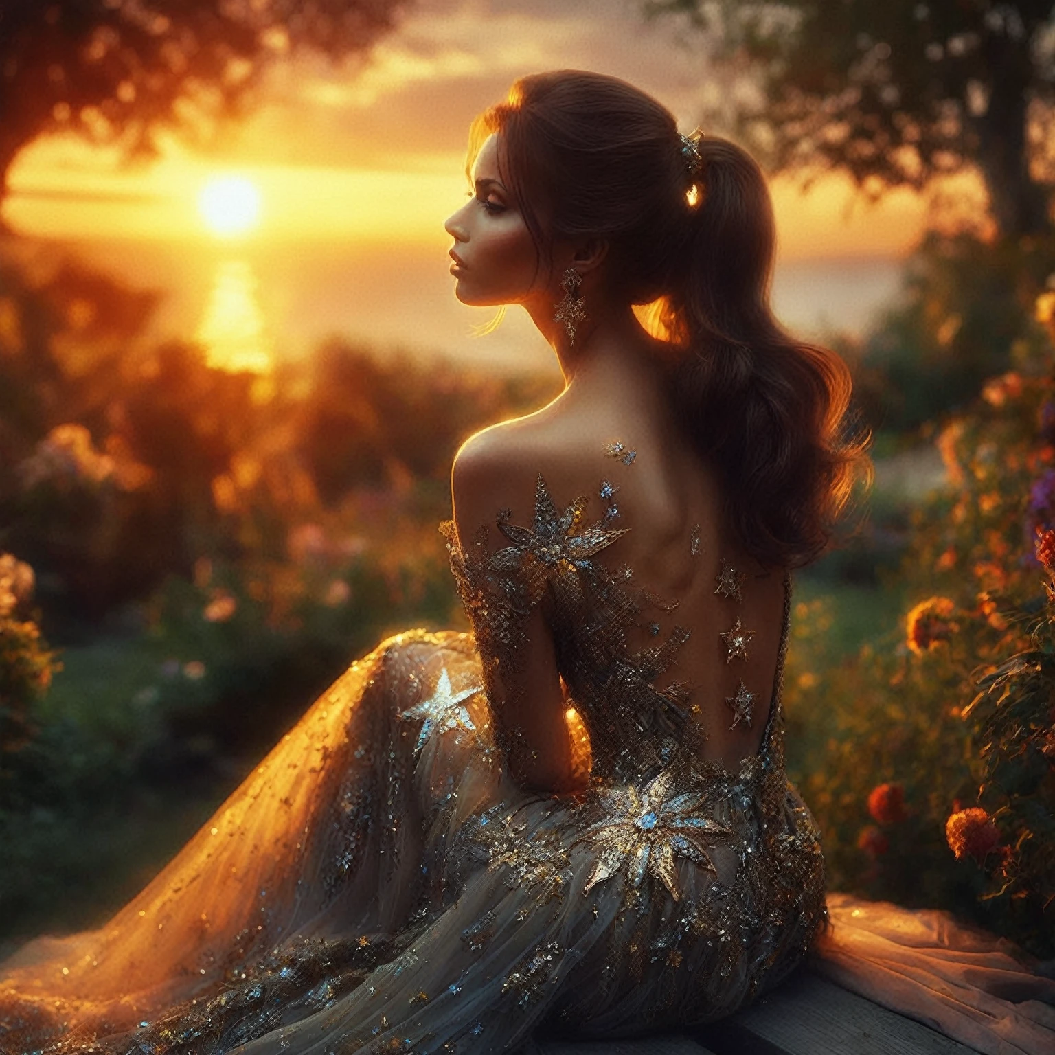 arafat woman in star-spangled dress sits on bench in garden, unearthly beauty, the fantasy is beautiful, Fantastic gorgeous lighting, Bathed in golden light, beautiful fantasy art, fantasy woman, stunning elegant pose, lady in a dress with glowing flowers, amazing photoshoot, beautiful goddess, beautiful digital images, golden hour of time, beautiful gorgeous digital art, at golden hour