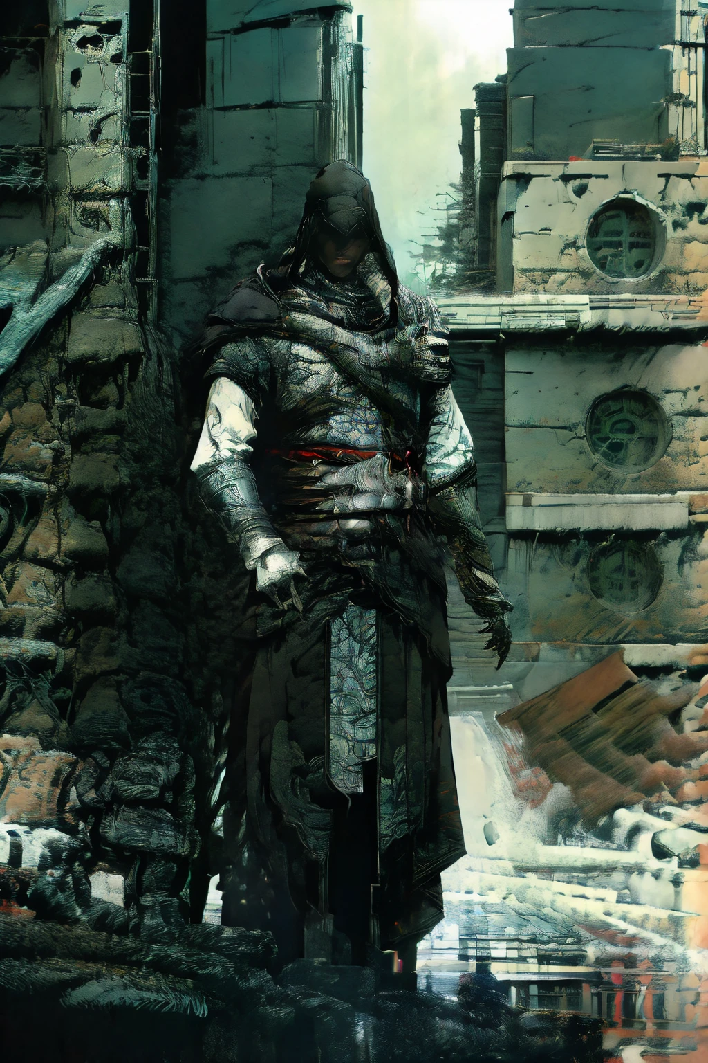 A highly detailed, cinematic illustration of an assassin from the Assassin's Creed universe, wearing a striking white hooded cloak and hidden blade, set against a moody, atmospheric background, dramatic lighting, intricate ornate architecture, photorealistic, digital art, concept art style