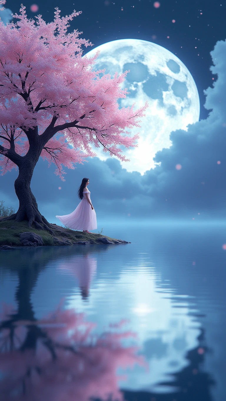 A cherry tree with the moon in the background, a lake in which the moon and mitsuri are referred to