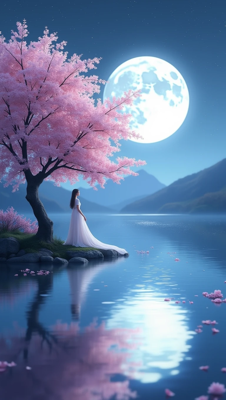 A cherry tree with the moon in the background, a lake in which the moon and mitsuri are referred to