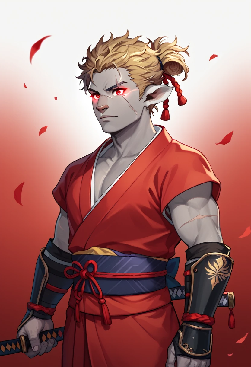 (((Pretty, good quality))), score_9, score_8_most, score_7_most, square, furry, big nose, big nose, animal ears, 1 Mann, male focus, grey skin, curly dark blonde medium length hair tied up, red eye, Samurai Armor, red white yukata, Scars on the body and face, Giant Katana, neutral facial expression, Shadow with red glowing eyes in the background, red black asian background, blurred background