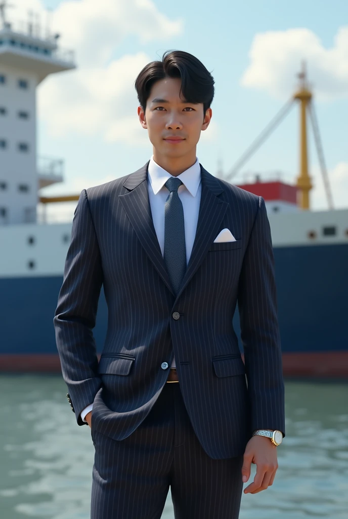 A fresh and handsome 30-year-old new employee, Japanese 30-year-old male, businessman, super high-end suit, striped suit, standing outside, full body, large vessel background, (CG Unity 8K high-definition photo), (highly detailed S-class handsome man), (photo realistic), ((best quality)), super detailed, (masterpiece), super high quality, high, viewer, gentleman, very beautiful hair, front bang, bright photo, handsome as a model, handsome as an idol, luxury watch, hyper realistic, --aspect 16:9
