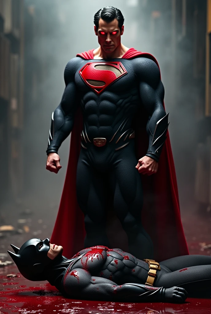 Superman standing with bloody fists and black suite and glowing red eyes, batman laying on the ground covered in blood with mask that resembles bat