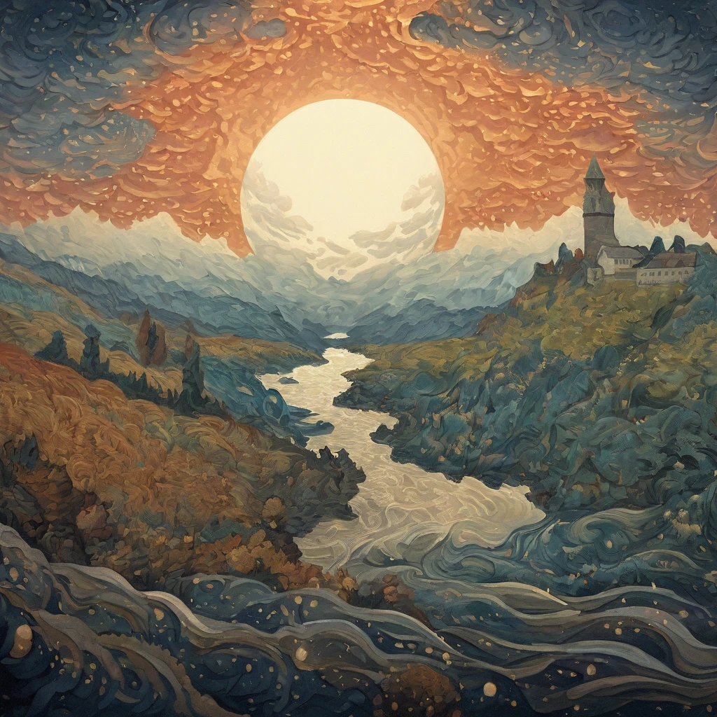 River side city, deep red yellow and white dot light spinning, Vincent van Gogh's painting style, pointillism style, magnificent landscapes, illustrations, negative space, intagliography, art, acrilic art paint, acrilic color texture, moon