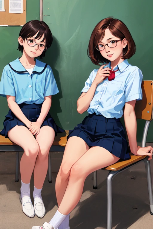 Highest quality, Ultra-high resolution, (Realistic: )2D official style cel animation,((２Girls sitting in a row))，Elementary school girl，Very short stature，Very thin thighs，Very small ass，Brown Hair，Short Bob、Glasses、Blue Check ummer Shirts，Unbutton，(Children&#39;s panties)，loafers，Full body portrait，(From below)，Stairs at a rural station during summer vacation，sunny，cumulonimbus，Spread your legs，from the front，blush，A shy smile，Bruises and gestures，