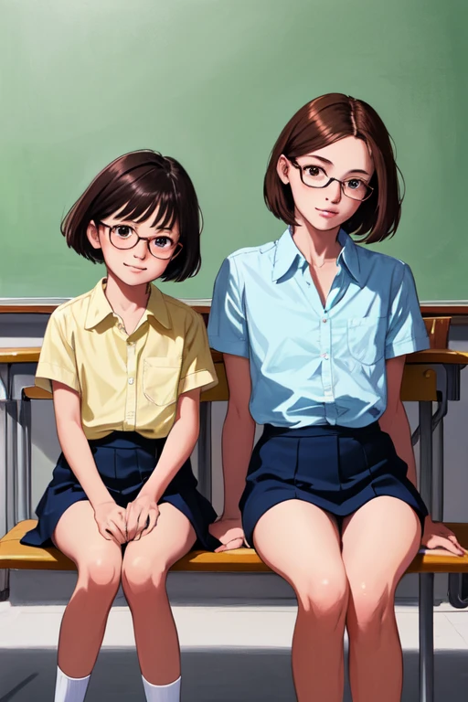 Highest quality, Ultra-high resolution, (Realistic: )2D official style cel animation,((２Girls sitting in a row))，Elementary school girl，Very short stature，Very thin thighs，Very small ass，Brown Hair，Short Bob、Glasses、Blue Check ummer Shirts，Unbutton，(Children&#39;s panties)，loafers，Full body portrait，(From below)，Stairs at a rural station during summer vacation，sunny，cumulonimbus，Spread your legs，from the front，blush，A shy smile，Bruises and gestures，