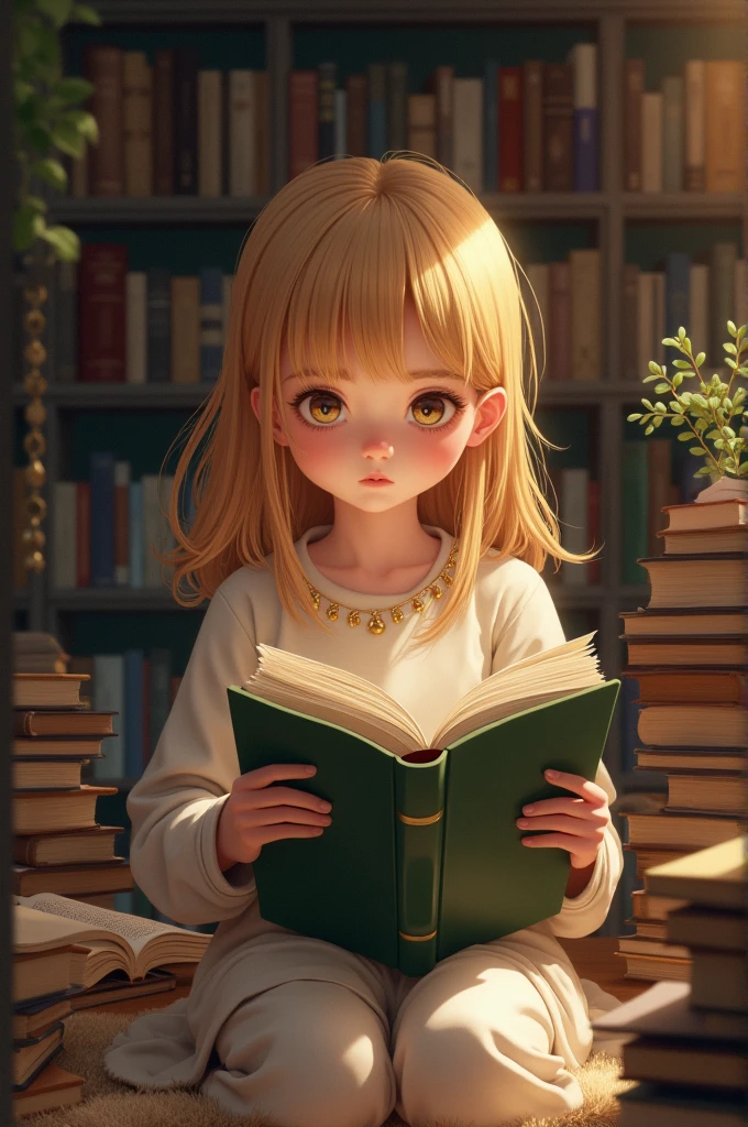 Blonde girl reading a book and with books around her