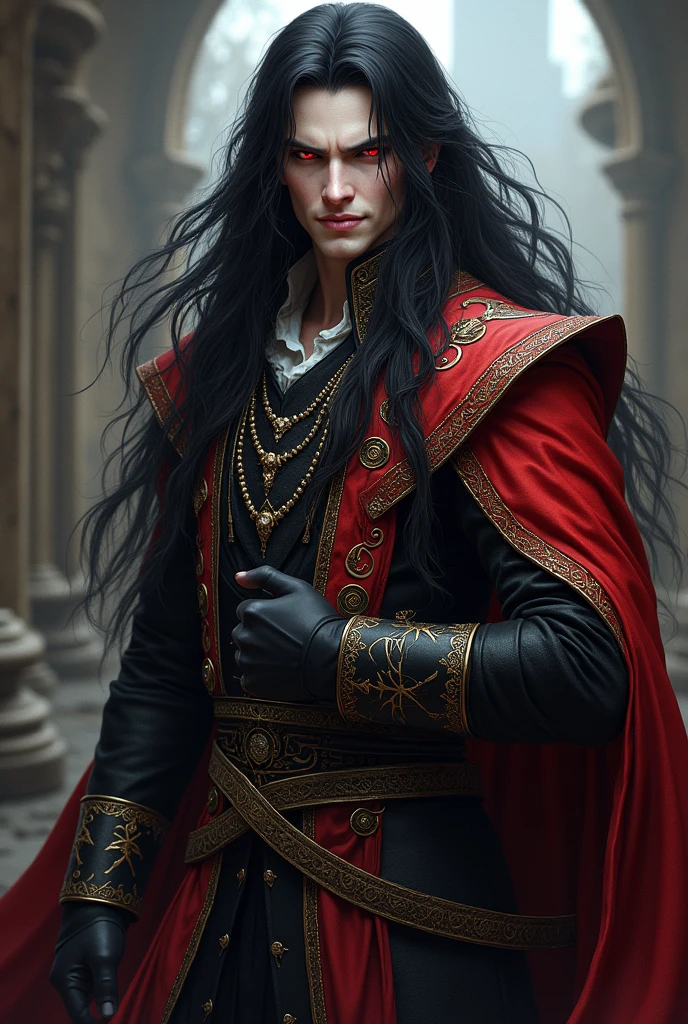A man with long black hair and red eyes, dressed in a medieval noble outfit, with a mischievous smile of satisfaction.