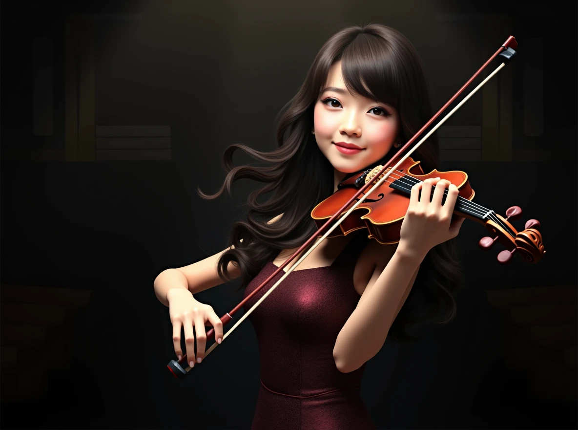 (high resolution, high detail, best quality), Beautiful Japanese woman playing the violin at a concert venue, Crimson sleeveless dress, Wavy Hair, Smile