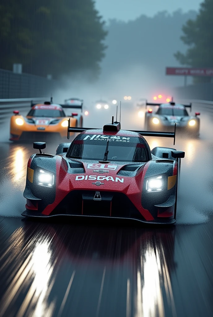 GTR lm racing at le mans with other cars behind in the rain with the headlights on white light