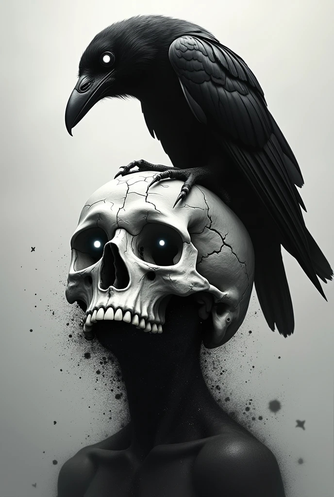The image depicts a dark, eerie artwork featuring a cracked human skull with hollow eyes glowing with an intense, white light. A black raven, also with glowing eyes, is perched on top of the skull, adding to the macabre and gothic atmosphere. The lower part of the skull appears to be disintegrating into particles, giving the impression of decay or a ghostly transition. The overall style is monochromatic, with stark black and white contrasts, creating a haunting, almost supernatural effect.