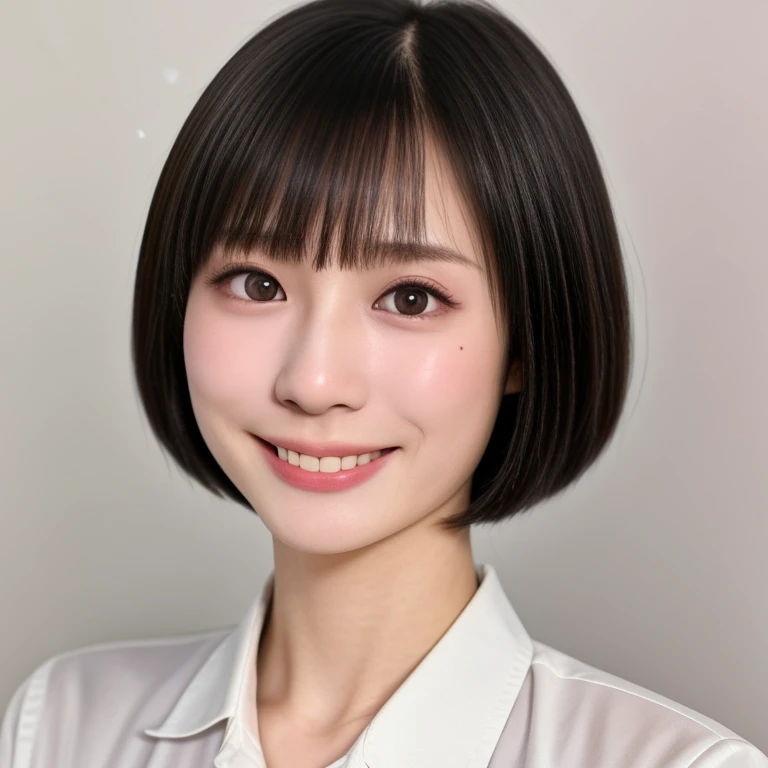 NSFW, (kawaii 18 year-old Japanese girl, Nogizaka idol, Korean idol), healthy female athlete body, (glossy black hair, short hair, pixie cut, bangs:1.3), (rounded face, pure black eyes, single eyelid, no makeup, splashing best smile:1.2), (collared white shirt unbuttoned:1.3), creavage, extra small breasts, BREAK, (plain white background:1.3), (dynamic angle, bust shot:1.2), BREAK, (masterpiece, best quality, photo realistic, official art:1.4), (UHD, 8K quality wallpaper, high resolution, raw photo, golden ratio:1.3), (shiny skin), professional lighting, physically based rendering, award winning, (highly detailed skin, extremely detailed face and eyes), Carl Zeiss 85 mm F/1.4, depth of field, 1girl, solo,