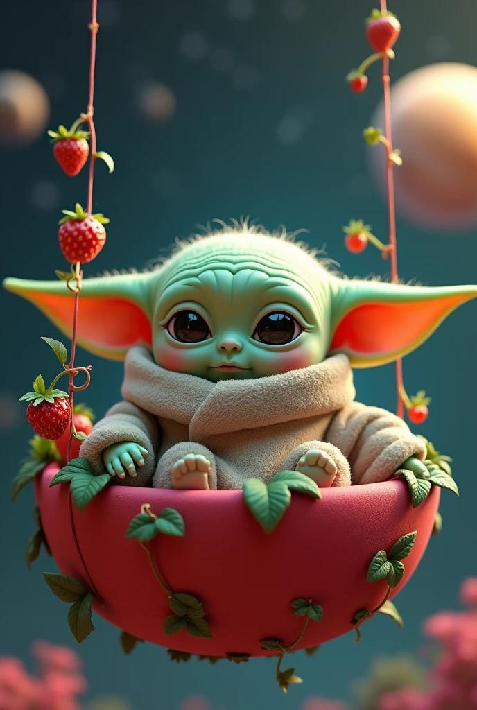 Grogu in a strawberry space crib trying to use his strength