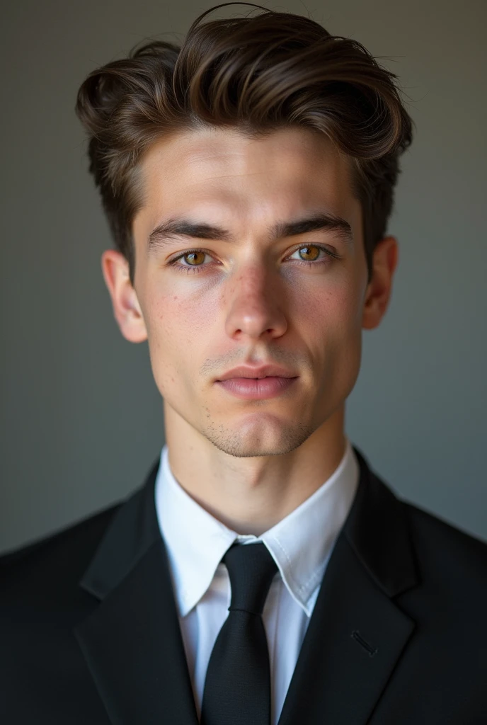 White guy, 22 year old young man, Brown hair, Oval face, well combed, Brown eyes, very short hair, with suit and tie