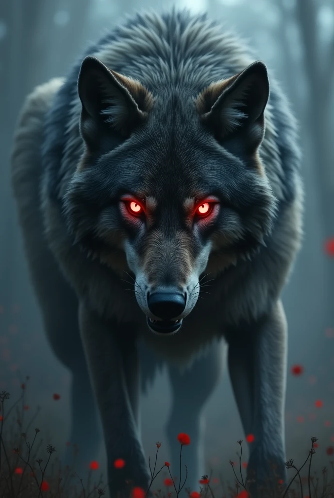Giant wolf with red eyes made of darkness dark fantasy style