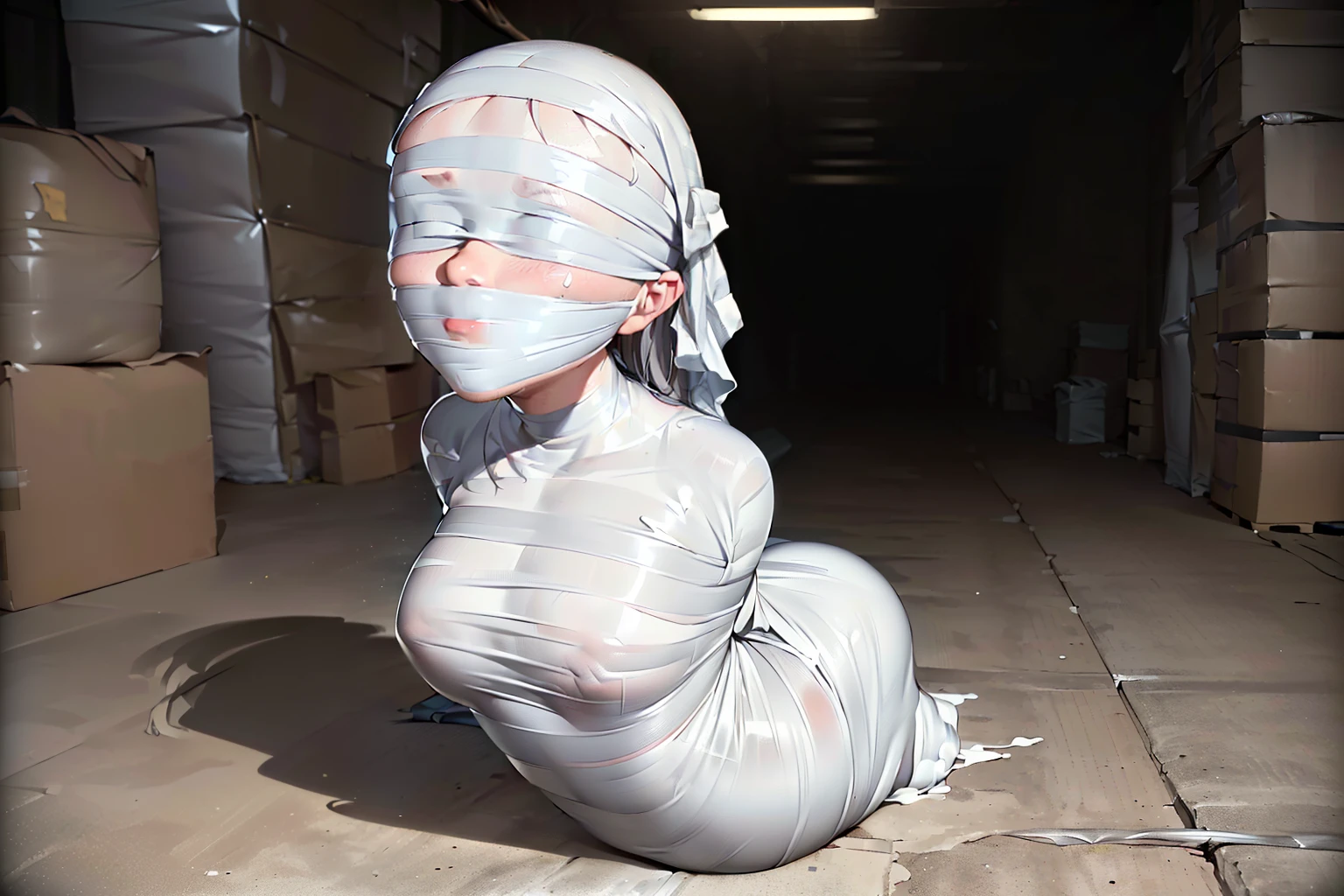 mummification, blindfold, tape gagged, (white duct tape:1.4), (1 girl:1.4), (Imprisoned in a warehouse), (Highly detailed CG Unity 8k), (highest quality), (Very detailed), (Ultra-high resolution), (Hands tied behind back:1.4), (Wrap the heads around with white duct tape:1.4), (Wrap the eyes around with white duct tape:1.4), (Wrap the mouth around with white duct tape:1.4), (blindfold around with white duct tape:1.4), (Wrap the face around with white duct tape:1.4), (From head to toe, wrap them in white duct tape to make a mummification:1.4),