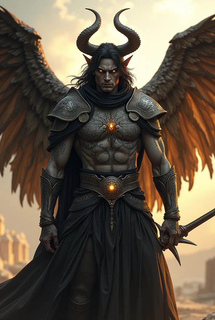 Create a male tiefling paladin character with gray skin, gold eyes, black hair, wings, rabo, tatoo, in a clear scenario 
