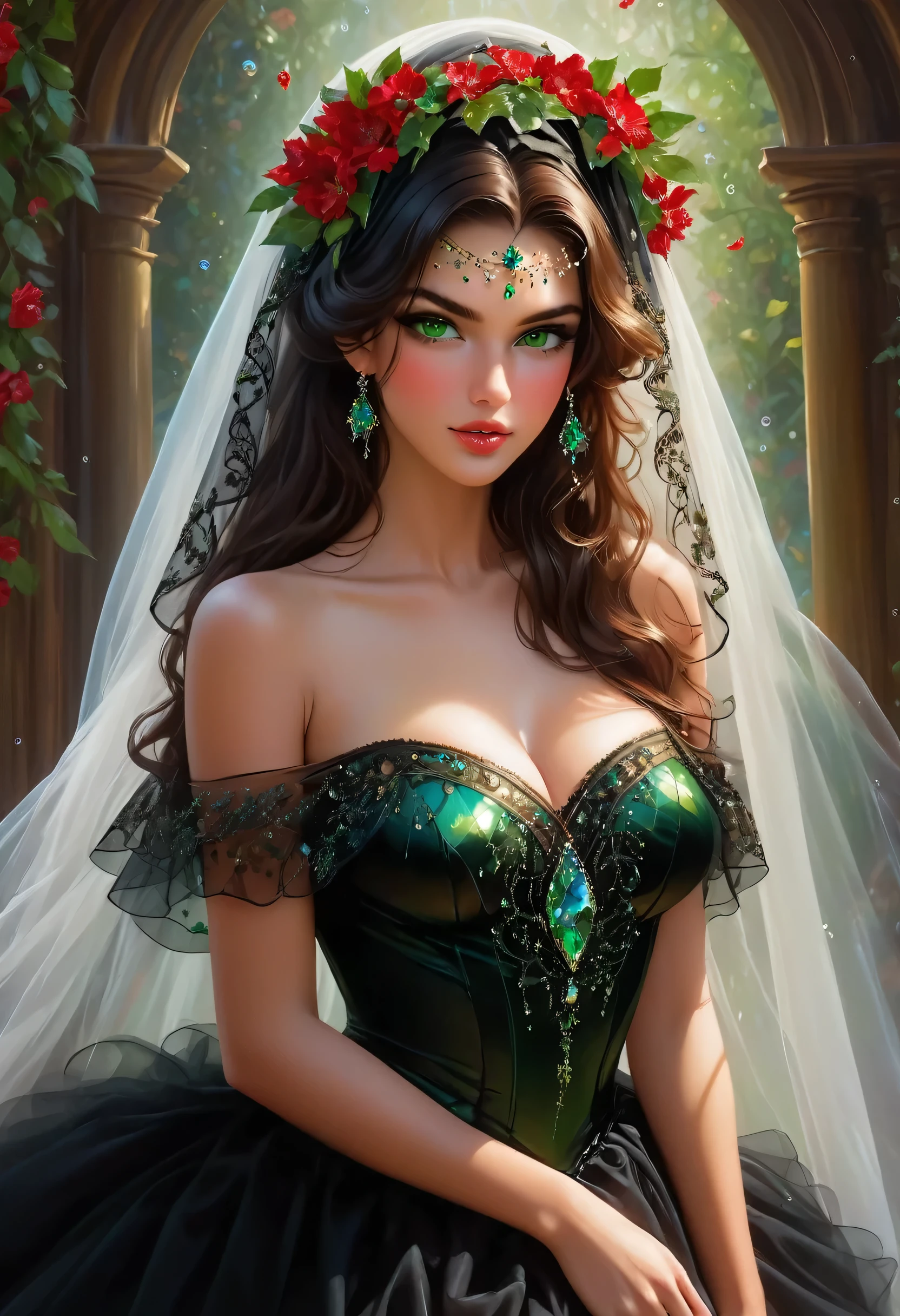 Beautiful girl, brunette, an oil painting, (((body from the knee up))), warm, slightly tanned skin, expressive face, crystal clear green eyes, detailed silliums and eyebrows, full red mouth, long curly black hair, dressed with the (((detailed and intricate black veil and dress in thin black tulle draped over the shoulders))), small bubbles of delicate iridescent and colorful crystals glued to the tulle and dress. Background splash of detailed studio lights, red flowers, (((incidental white light in the hair))), image dazzles beauty, in the highest quality, mesmerize, 8k, UHD.