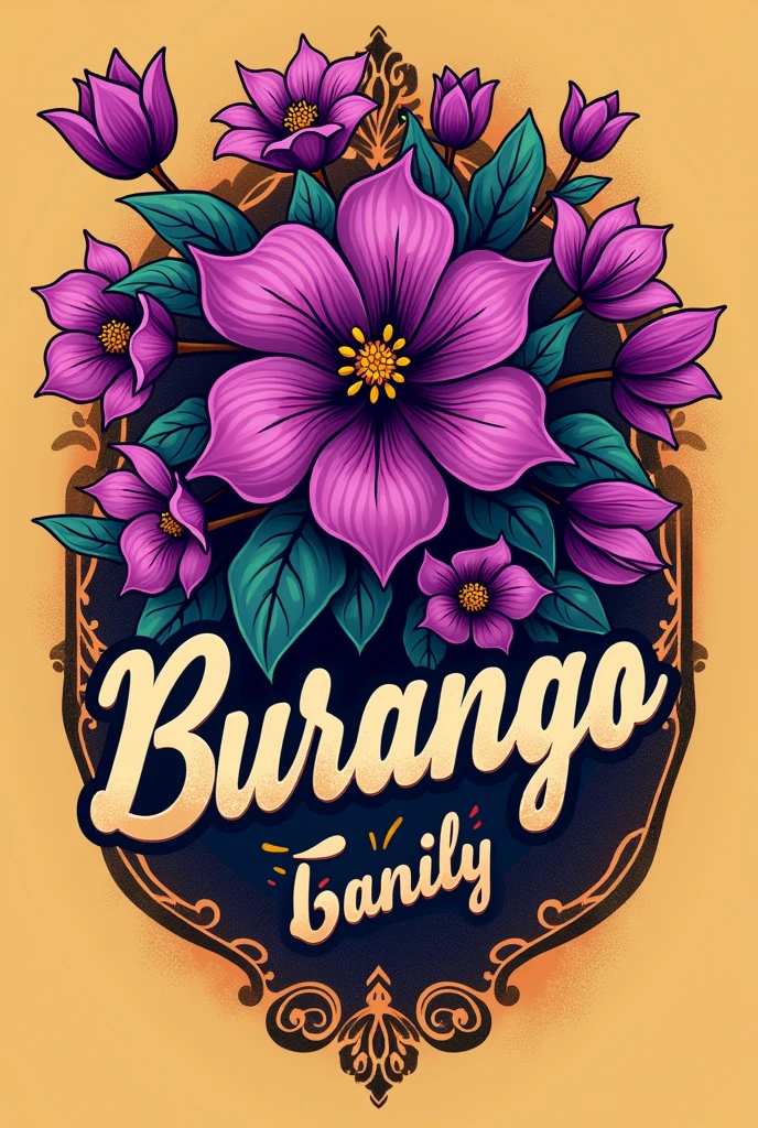A logo for a folk dance group whose name means family and has the purple color from the state of Durango Durango Mexico, with bougainvillea flowers