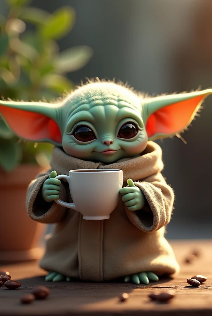 cute baby yoda drinking coffee, fine-detailed