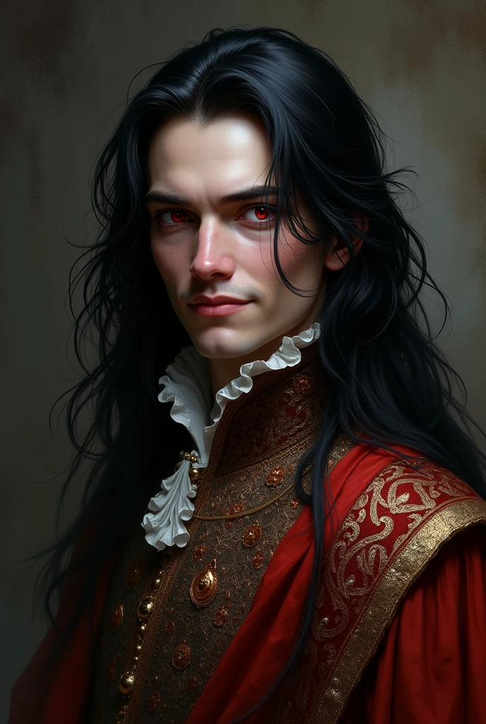 A man with long black hair and red eyes, dressed in a medieval noble outfit, with a mischievous smile of satisfaction. 