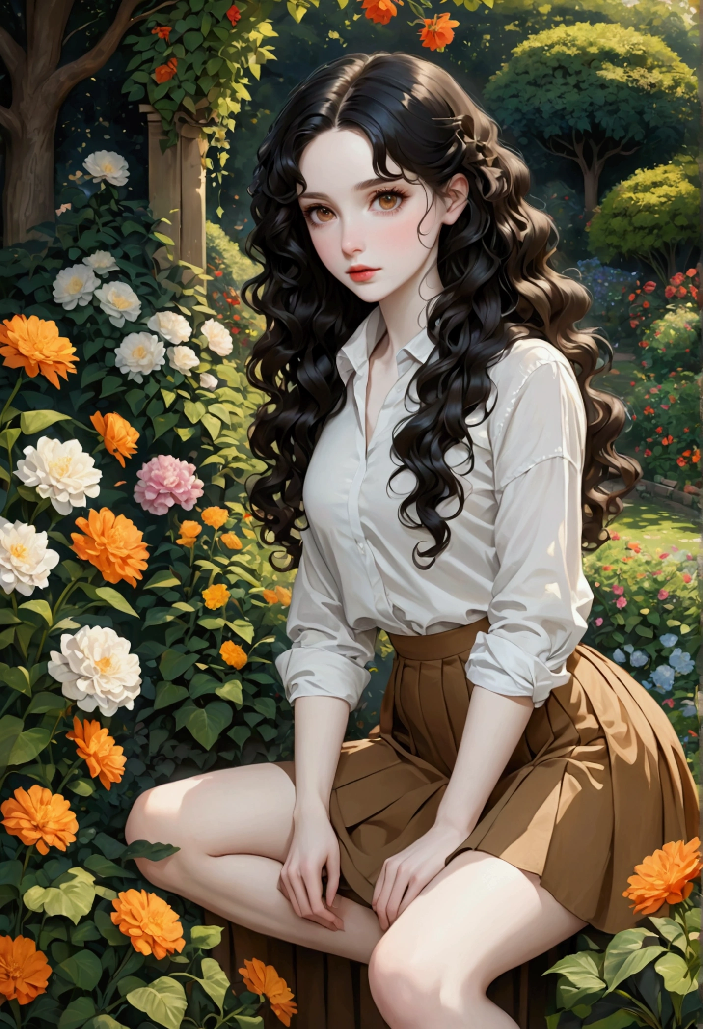 1 girl, Pale skin, black hair, long, curly hair, White shirt, brown skirt above the knees, Whole body, Brown eyes, in a garden, sensual.