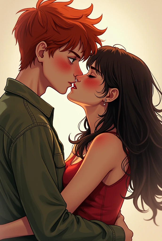 drawing of a skinny red-haired teenage boy with flushed cheeks and a passionate look looking forward (he is looking at the camera)with a teenage girl with a hot brunette body on her tiptoes giving a kiss ON THE CHEEK of the red-haired boy