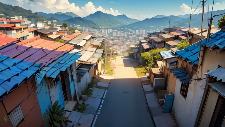 Favelas brasileiras, casas, palafitas, morros, escadarias, becos, ruas, carros, pessoas, cinematic lighting, wide shot, from above, atmospheric perspective, UHD, masterpiece, accurate, anatomically correct, super detail, high details, high quality, best quality, highres