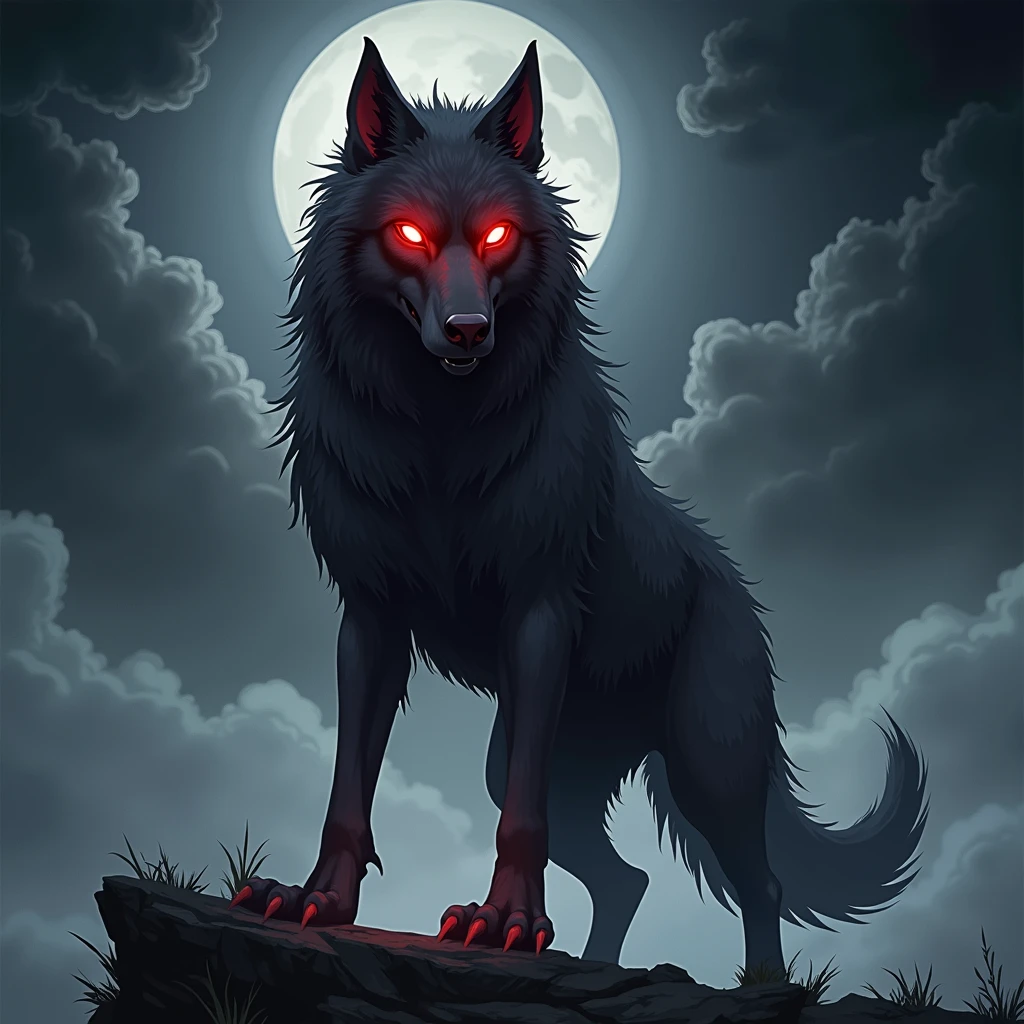 Giant wolf with red eyes made of darkness dark fantasy anime style