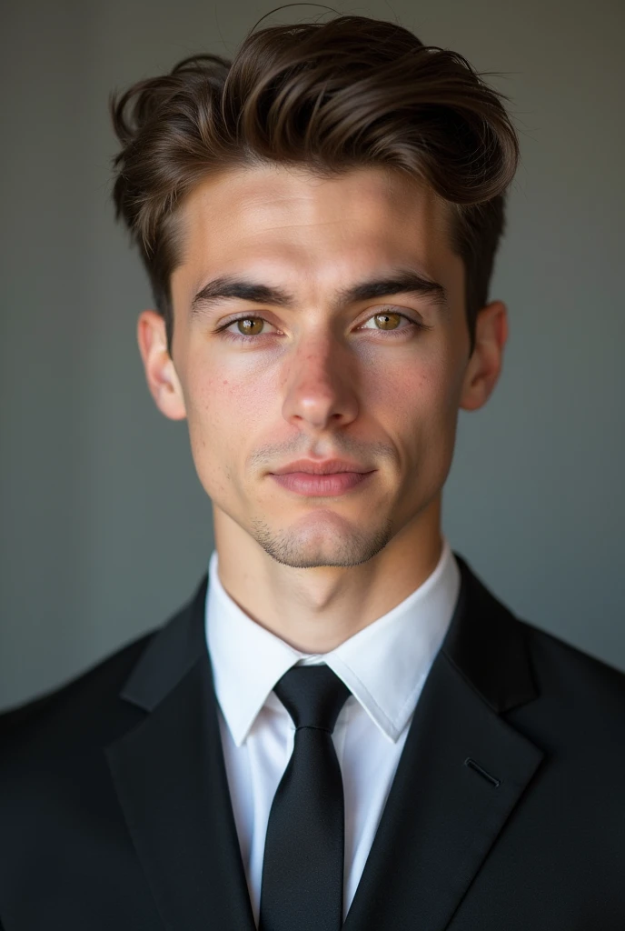 white male student, 22 year old young man, Brown hair, Oval face, well combed, Brown eyes, very short hair, with suit and tie
