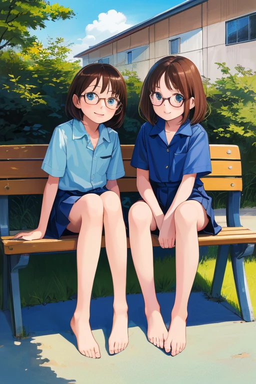 Highest quality, Ultra-high resolution, (Realistic: )2D official style cel animation,((２Girls sitting in a row))，Elementary school girl，Very short stature，Very thin thighs，Very small ass，Brown Hair，Short Bob、Glasses、Blue Check ummer Shirts，Unbutton，(Children&#39;s panties)，loafers，Full body portrait，(From below)，Stairs at a rural station during summer vacation，sunny，cumulonimbus，Spread your legs，from the front，blush，A shy smile，Bruises and gestures，