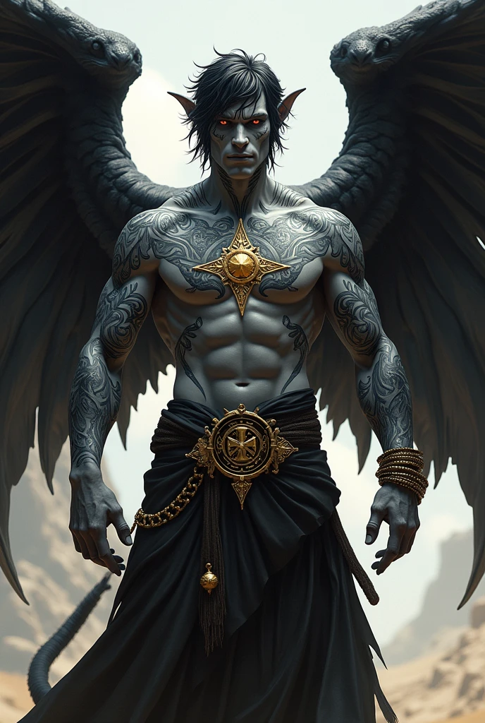 Create a male tiefling character with gray skin., gold eyes, cabelos negros como a noite, wings and tail, tatoo