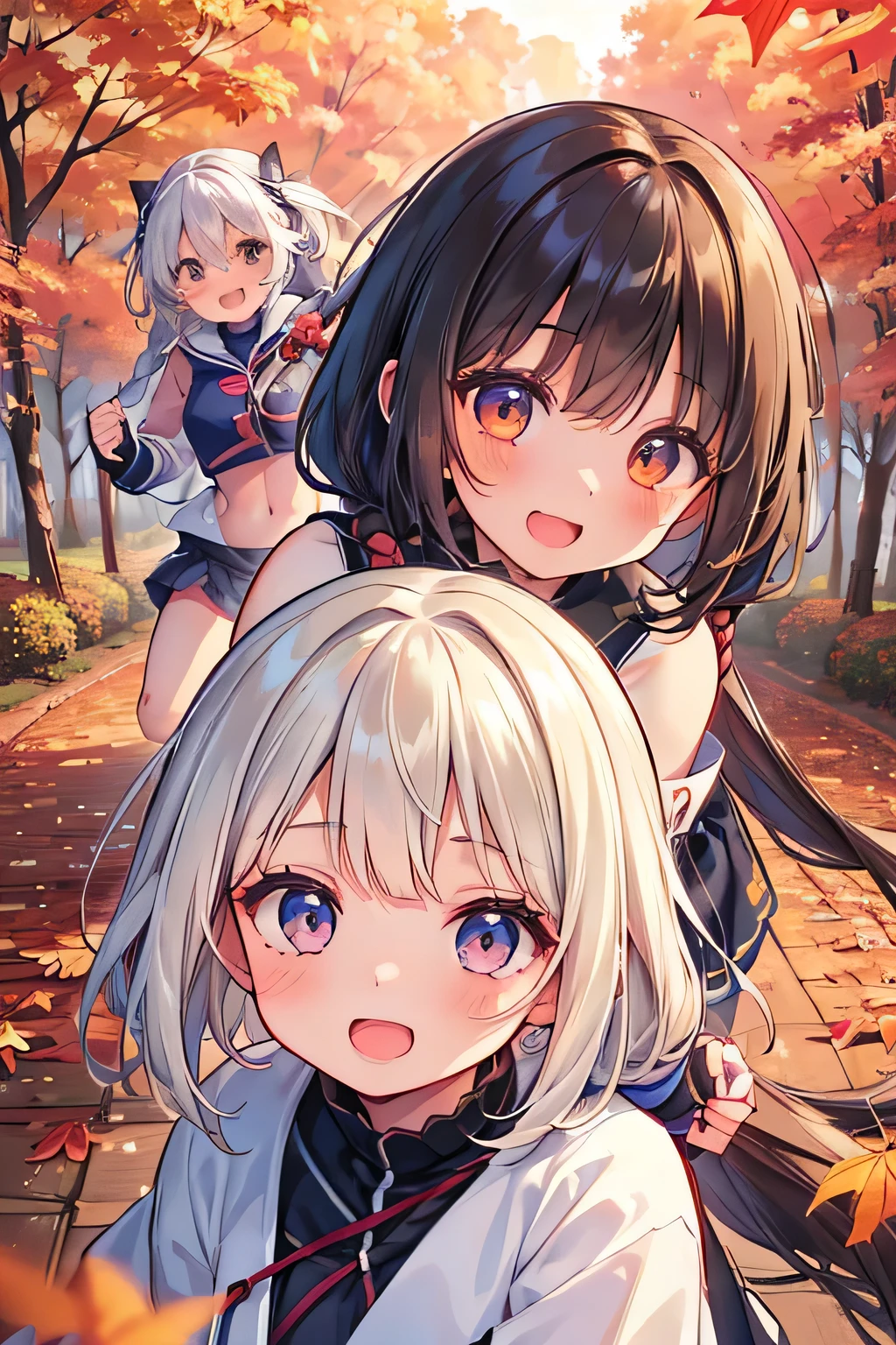 Highest quality、High resolution、Detailed Background、(Beautiful face in every detail:1.4)、Anatomically correct、Detailed facial expressions、Detailed eyes、Teenage beauty、Huge breasts、Light color hair、Braided twin tails、Braided bob cut、Cute gestures、Scenes that show the change of seasons、Innocence、A girl's bright smile、Gymnastics、Bloomers、
(Two girls running through the changing autumn scenery with big smiles on their faces:1.5)、
The girl's hair flutters in the autumn wind、Fallen leaves on the slope、Feel the change of seasons with a light heart、Happiness is enveloped in the sunset scenery、Let's cherish this moment and engrave it in our hearts、I want to remember it forever、The smiles and scenery of that day、It will continue forever、The Coming of Autumn and the Appearance of a Girl、A girl runs freely、cute