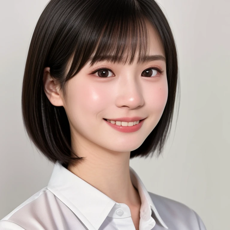 NSFW, (kawaii 18 year-old Japanese girl, Nogizaka idol, Korean idol), healthy female athlete body, (glossy black hair, short hair, pixie cut, bangs:1.3), (rounded face, pure black eyes, single eyelid, no makeup, splashing best smile:1.2), (collared white shirt unbuttoned:1.3), creavage, extra small breasts, BREAK, (plain white background:1.3), (dynamic angle, bust shot:1.2),  BREAK, (masterpiece, best quality, photo realistic, official art:1.4), (UHD, 8K quality wallpaper, high resolution, raw photo, golden ratio:1.3), (shiny skin), professional lighting, physically based rendering, award winning, (highly detailed skin, extremely detailed face and eyes), Carl Zeiss 85 mm F/1.4, depth of field, 1girl, solo,