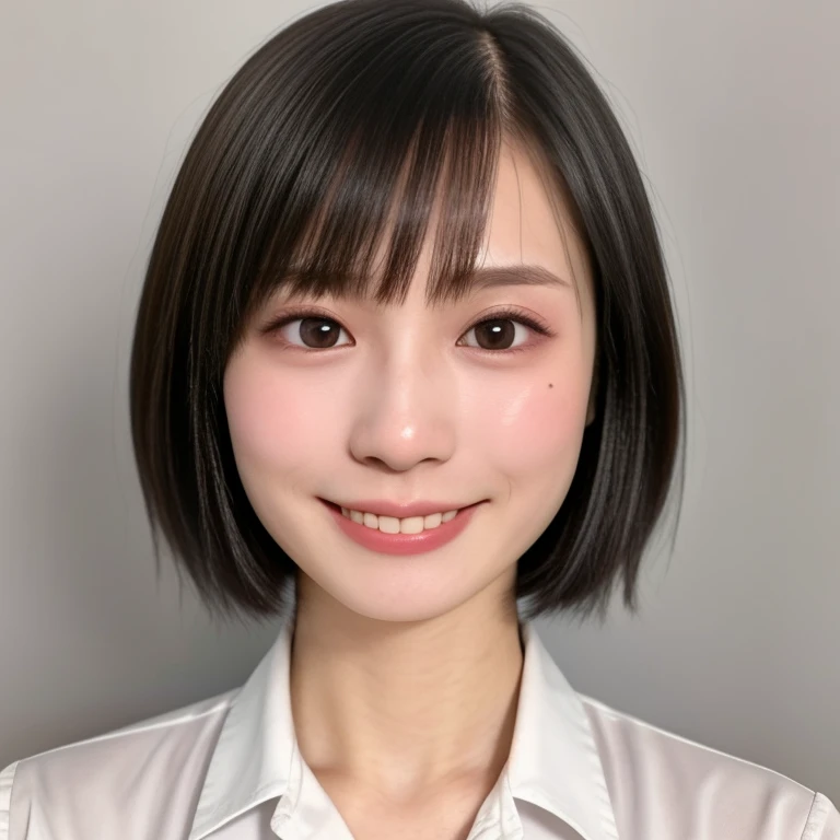NSFW, (kawaii 18 year-old Japanese girl, Nogizaka idol, Korean idol), healthy female athlete body, (glossy black hair, short hair, pixie cut, bangs:1.3), (rounded face, pure black eyes, single eyelid, no makeup, splashing best smile:1.2), (collared white shirt unbuttoned:1.3), creavage, extra small breasts, BREAK, (plain white background:1.3), (dynamic angle, bust shot:1.2), BREAK, (masterpiece, best quality, photo realistic, official art:1.4), (UHD, 8K quality wallpaper, high resolution, raw photo, golden ratio:1.3), (shiny skin), professional lighting, physically based rendering, award winning, (highly detailed skin, extremely detailed face and eyes), Carl Zeiss 85 mm F/1.4, depth of field, 1girl, solo,