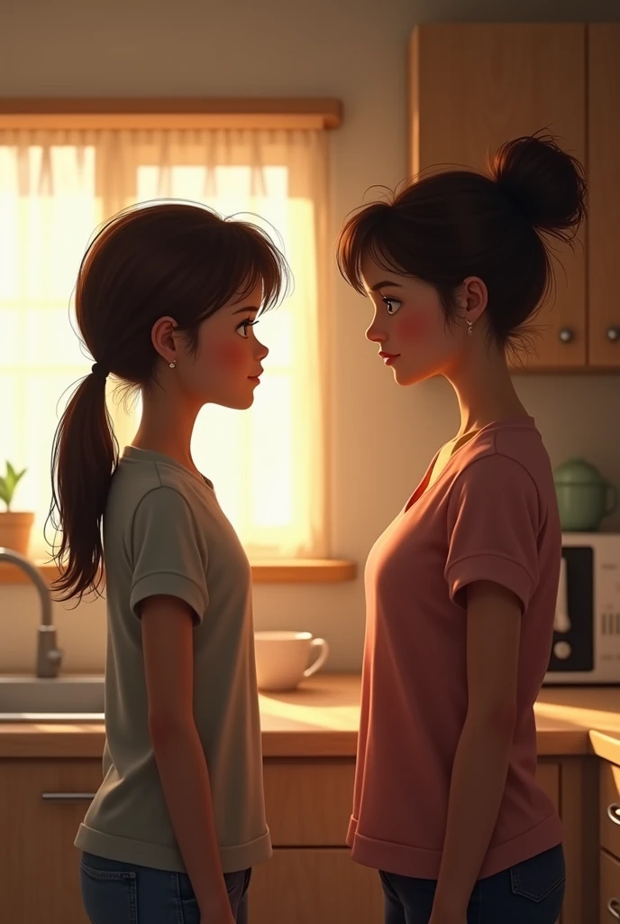 A teenage girl talks to her mother in the kitchen