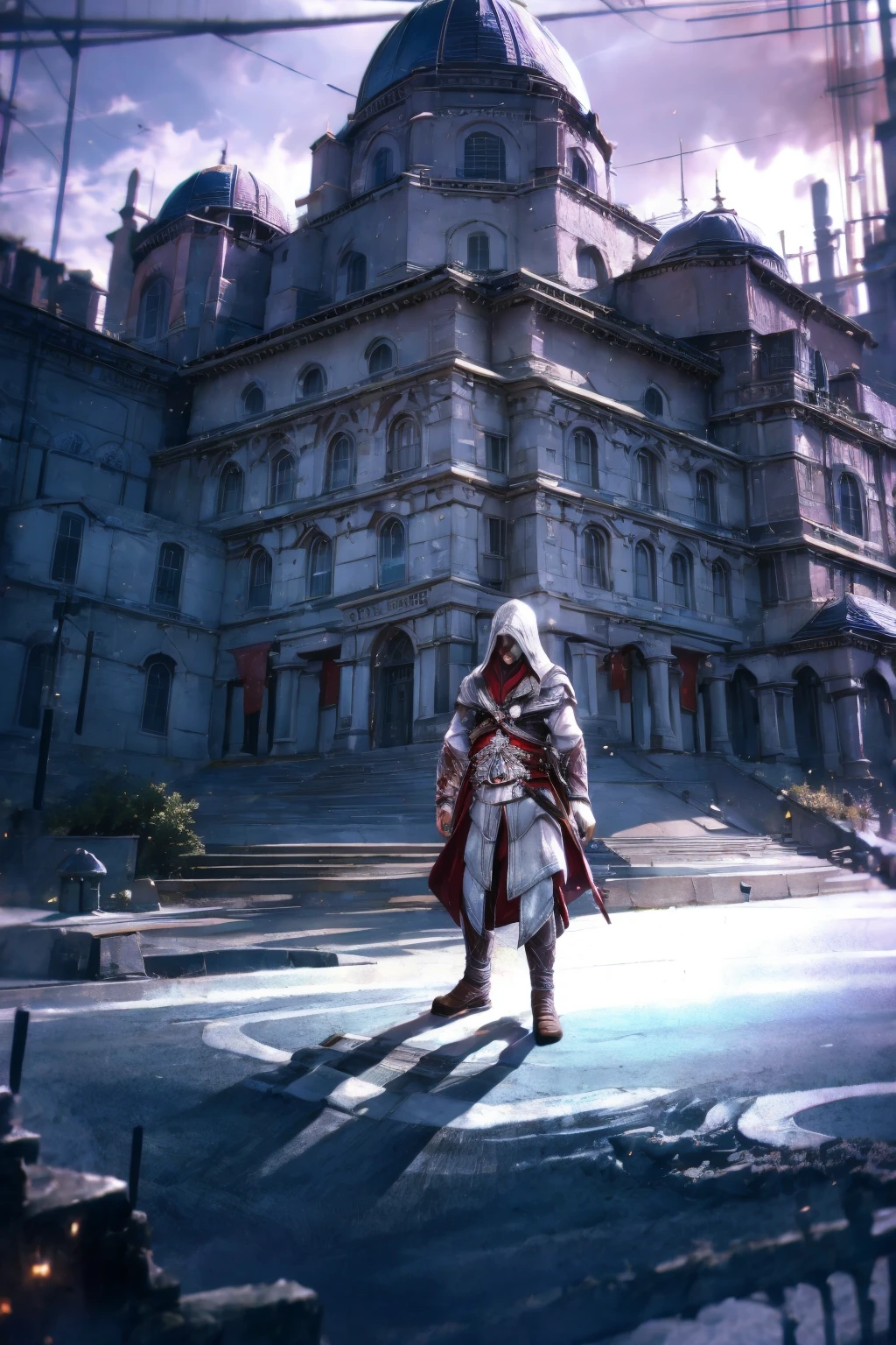 A highly detailed, cinematic illustration of an assassin from the Assassin's Creed universe:1.4, wearing a striking white hooded cloak and hidden blade, set against a moody, atmospheric background, dramatic lighting, intricate ornate architecture, photorealistic, digital art, concept art style