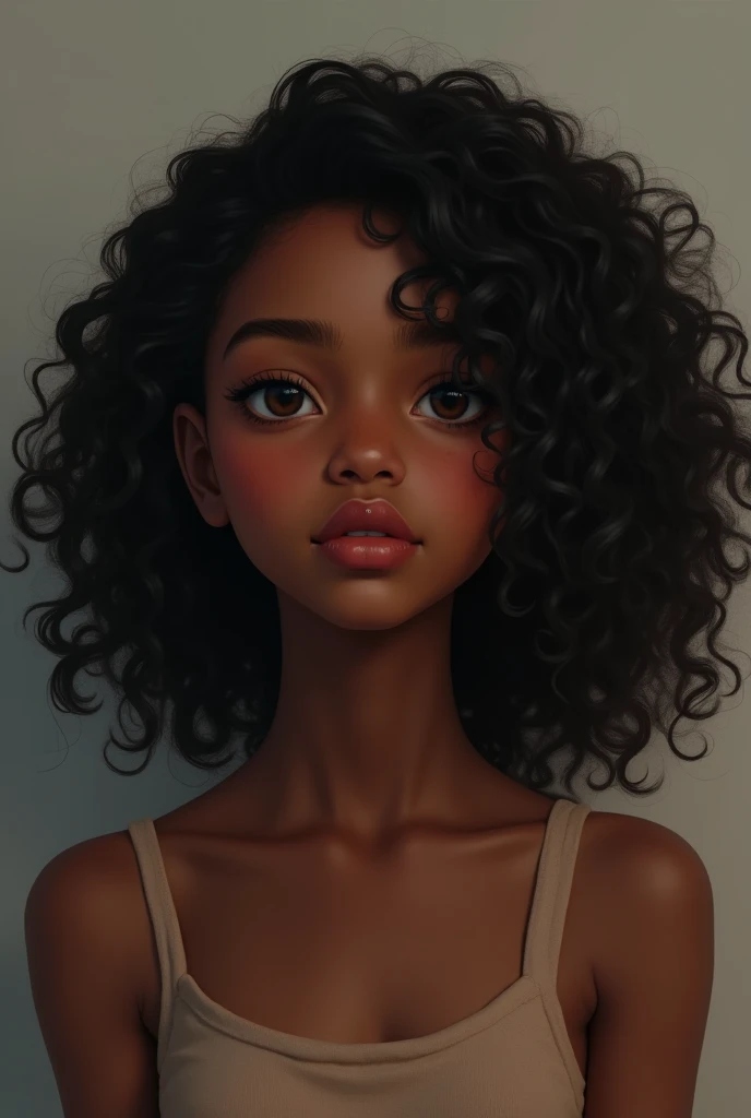 A dark-skinned girl with curly hair type 4a with hair down to her neck with a square face but not so much with an oval shape
