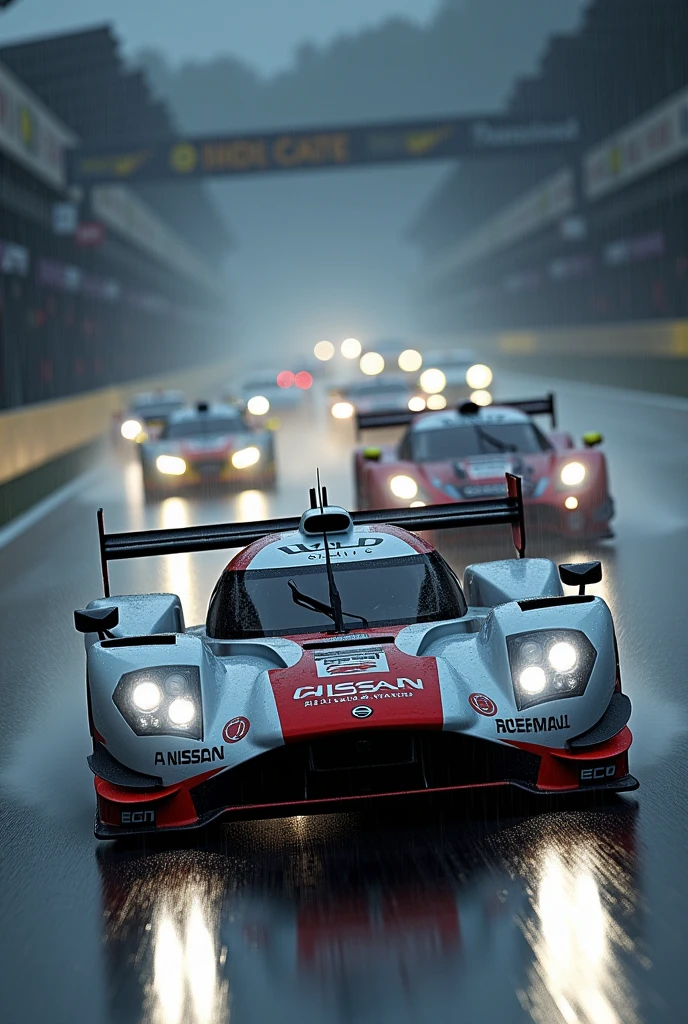 GTR lm racing at le mans with other cars behind in the rain with the headlights on white light