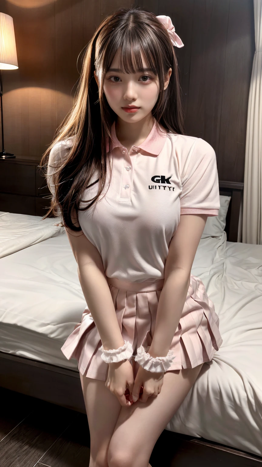 (absurdres:1.3), (highres:1.3), (ultra detailed:1.3),(1girl:1.3), (extremely detailed CG unity 8k wallpaper:1.3), (detailed skin texture, detailed cloth texture, detailed hair texture), (beautiful detailed face, supermodel, pale skin, realistic glistening skin), (RAW photo, best quality), (realistic, photo-realistic:1.4), masterpiece, extremely delicate and beautiful,Amazing, finely detail, extremely detailed CG unity 8k wallpaper, huge filesize, ultra-detailed, highres, absurdres, soft light,rim light, vibrant details, hotel room, straight hair, large breasts, black hair color, Big Natural Color Lip, (perfect body shape), beautiful legs, BREAK (white theme:1.4), (tucked-out short sleeve white polo shirt:1.4), (pink lines on tops outline:1.3), (pure white pleated mini skirt:1.3), (hem of top covers top half of skirt:1.3), (pink fluffy scrunchie on wrist:1.3), (white and pink sports shoes:1.2), crying a little、little smile, Harajuku style、20 year old girl、cute type、ta、standing