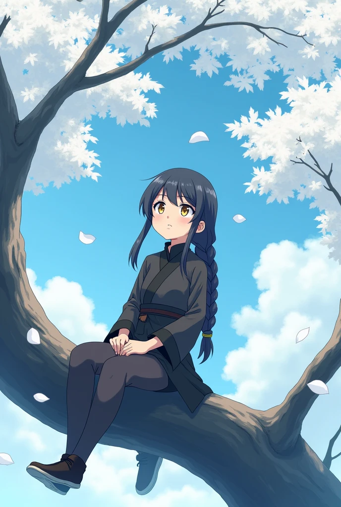 Jujutsu Kaisen, Oc, Girl, 16 years, hair negro largo, hair trenzado, curtain fringe (hair), gold eyes, Lips, upset expression, Jujutsu uniform, sitting on a tree branch alone, Pensive, crossed legs, looking at the sky, white tree leaves, anime capture
