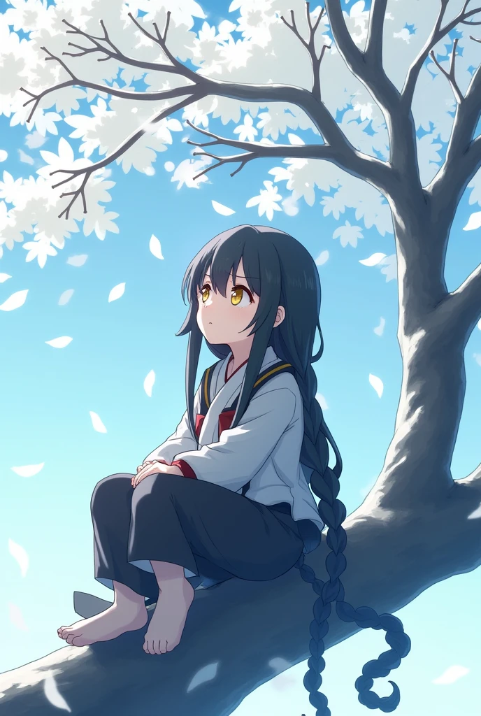 Jujutsu Kaisen, Oc, Girl, 16 years, hair negro largo, hair trenzado, curtain fringe (hair), gold eyes, Lips, upset expression, Jujutsu uniform, sitting on a tree branch alone, Pensive, crossed legs, looking at the sky, white tree leaves, anime capture