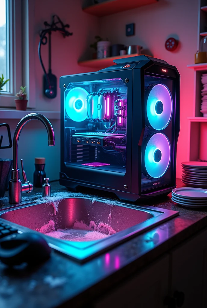 Gamer PC with mouse and keyboard on top of the sink where dirty dishes are washed