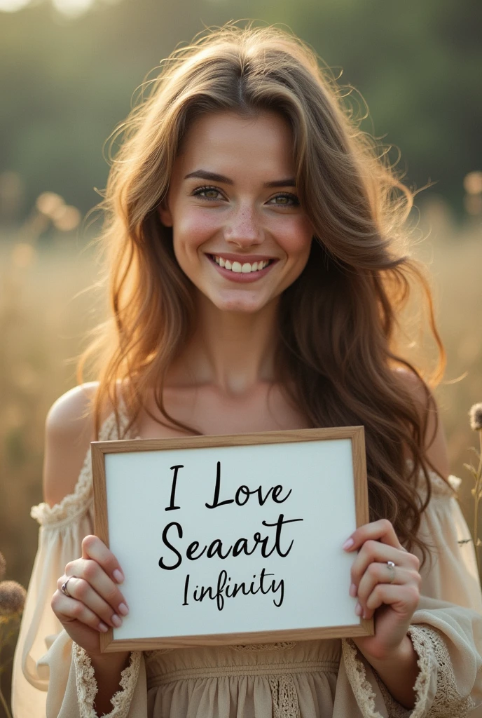 Beautiful girl with wavy long hair, bohemian dress, holding a white board with text "I Love Seaart Infinity" and showing it to the viewer