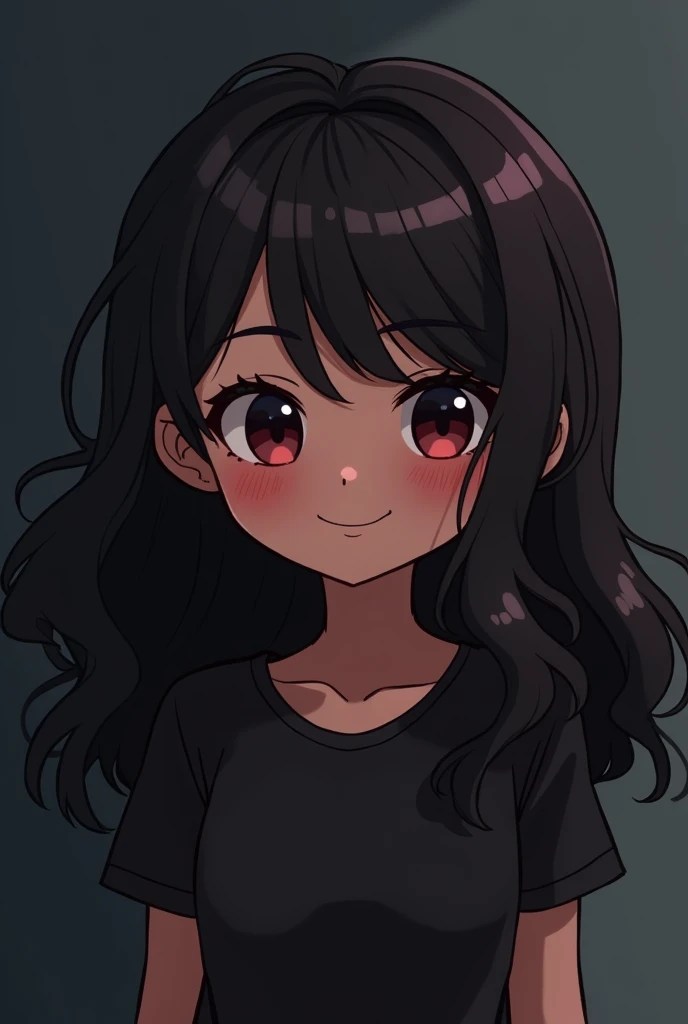 Dark girl with wavy hair and a happy face and with an MOE style, animated style and with a medium dark background, chubby but not too much and emo